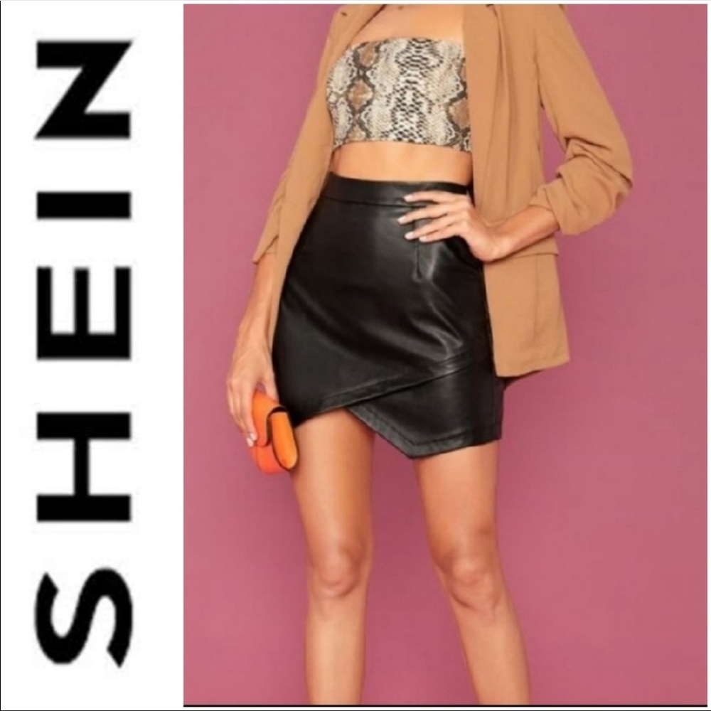 SHEIN- Black Faux Leather Asymmetrical High Waist Mini Skirt
